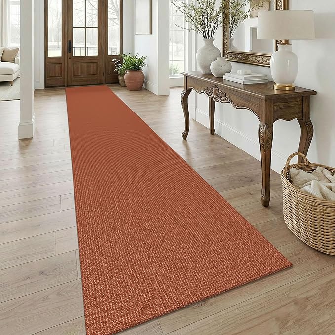 KOZYFLY Orange 3x18 Runners Rugs for Hallway, Extra Long Washable Runner Rug, Woven Non Slip Kitchen Runner, Cotton Entryway Rug, Floor Carpet for Entry, Aisle, Hall, Burnt Orange/Tan