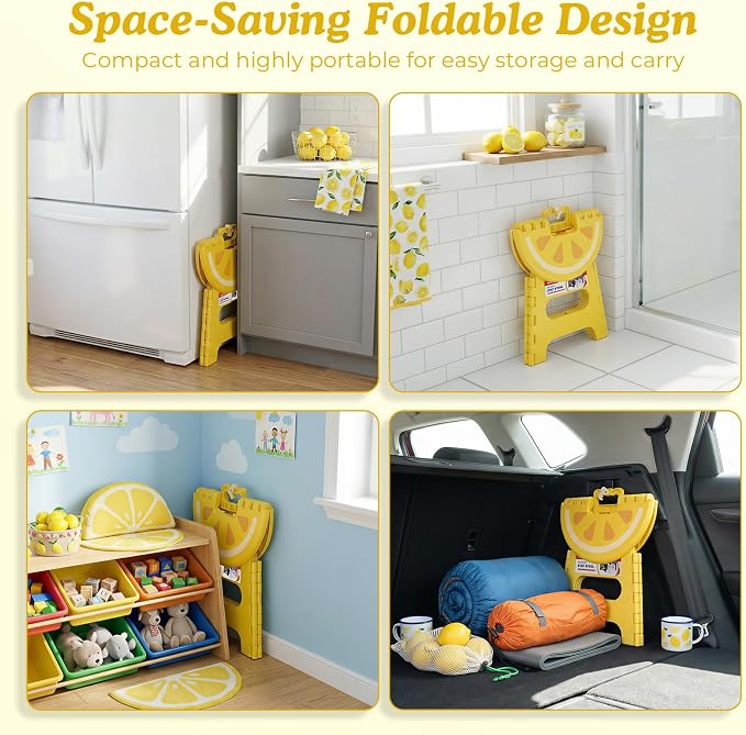 ACSTEP Folding Step Stool 9 Inch, Sturdy Collapsible Step Stool Foldable Up to 265 lb for Kids Toddlers & Adults, Non Slip Foot Stools with Handle for Kitchen, Bathroom, Bedroom, Outdoor, Lemon Yellow