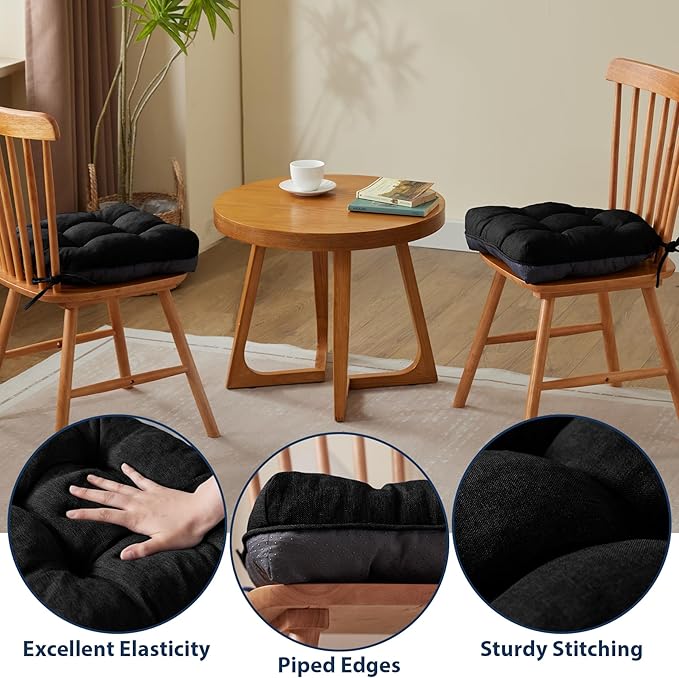 IASEAHK Chair Cushions for Dining Chairs, Seat Cushions for Kitchen Chairs, Indoor Seat Cushions with Ties, Tufted Foam Chair Pads, Non Slip Chair Cushions Set of 6, 15.5" x 15.5" x 4", Black