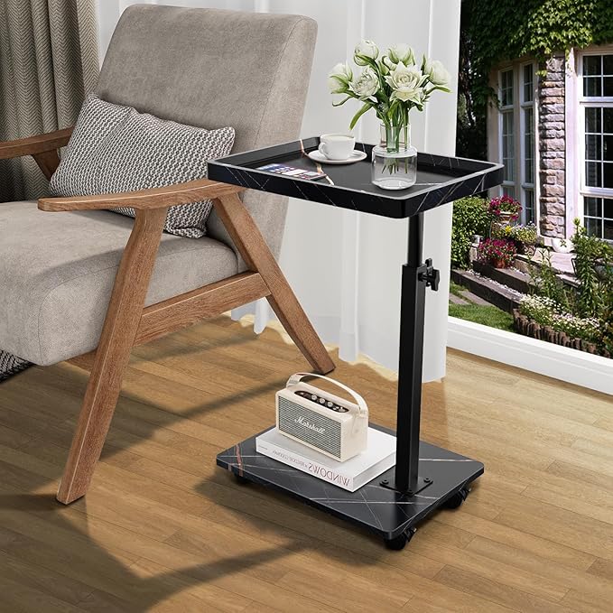 C Table End Table Adjustable Height, 360°Swivel TV Tray Table for Small Spaces, Couch Tables That slide under, C Shaped Side Tables living room and bedroom for Sofa, Bed,Chair, Snack (2, Black)