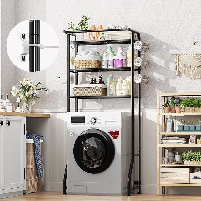 Simple Trending Over The Toilet Storage Cabinet, Metal Bathroom Shelf Organizer with Paper Holder and Hooks, 3 Tier, Black