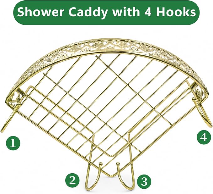 Gold Corner Shower Caddy - 2 Tier No Drilling Adhesive Shower Shelves, Gold Bathroom Shower Organizer with 4 Hooks, Wall Mounted Shower Rack for Inside Shower, Decorative Shower Corner Shelf