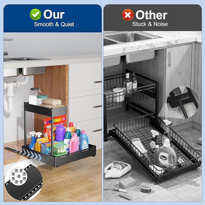 2 Pack Under Sink Organizer, Insputer 2 Tier Under Cabinet Storage Expandable Width 9.8"-15" & Height Adjustable, Thickened Pull Out Shelf for Bathroom, Kitchen, Laundry, Pantry(Black)