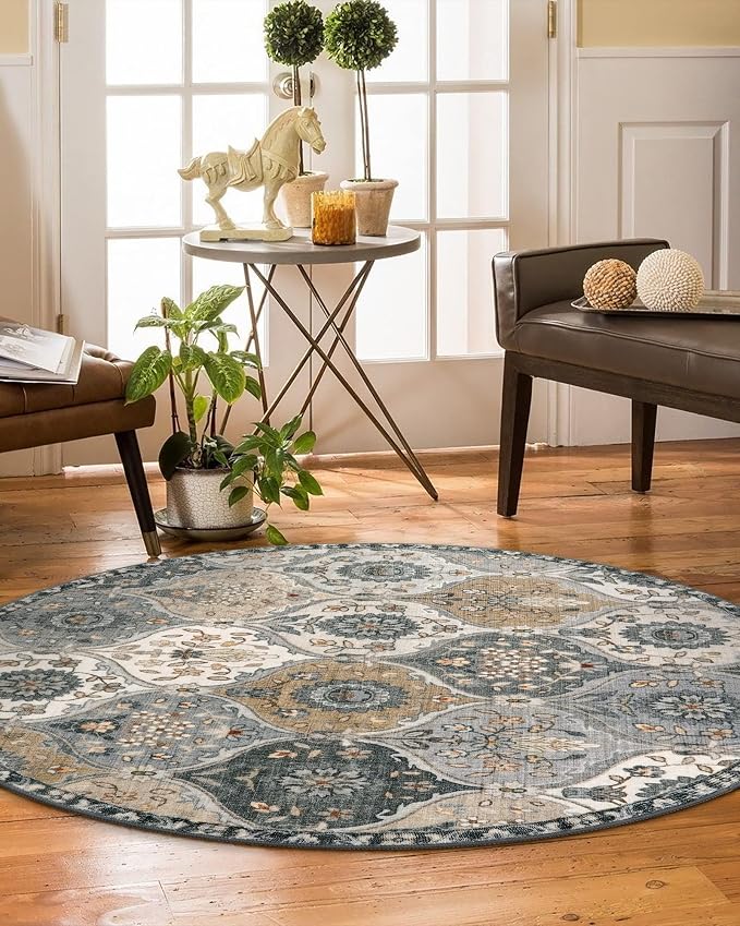 Lahome Moroccan Washable Round Rugs, Soft Vintage Round Rug 4ft, Distress Circle Carpet for Entryway Bathroom Bedroom, Non Slip Low Pile Stain Resistant Accent Rug Elise, Grey