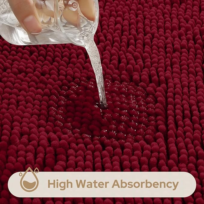 HOMEIDEAS 3 Pieces Bathroom Rugs, Ultra Soft Non Slip Absorbent Chenille Toilet Bath Mat Set (Burgundy)