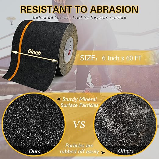 S&X Heavy Duty Anti Slip Tape 6 Inch x 60 Ft, 2X Longer Enhanced Adhesive Grip Tape with Reflective Strip, Outdoor Stair Treads Non-Slip for Steps Ramps Boats Decks Long-Lasting