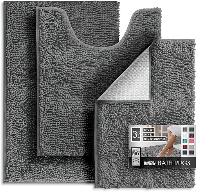 Hearth & Harbor Bathroom Rugs, Chenille Bath Mat - Machine Washable Bath Mats for Bathroom Non-Slip Backing Rubber, Quick Dry Mat - Grey Bath Rug, 17x24-20x32-20x24
