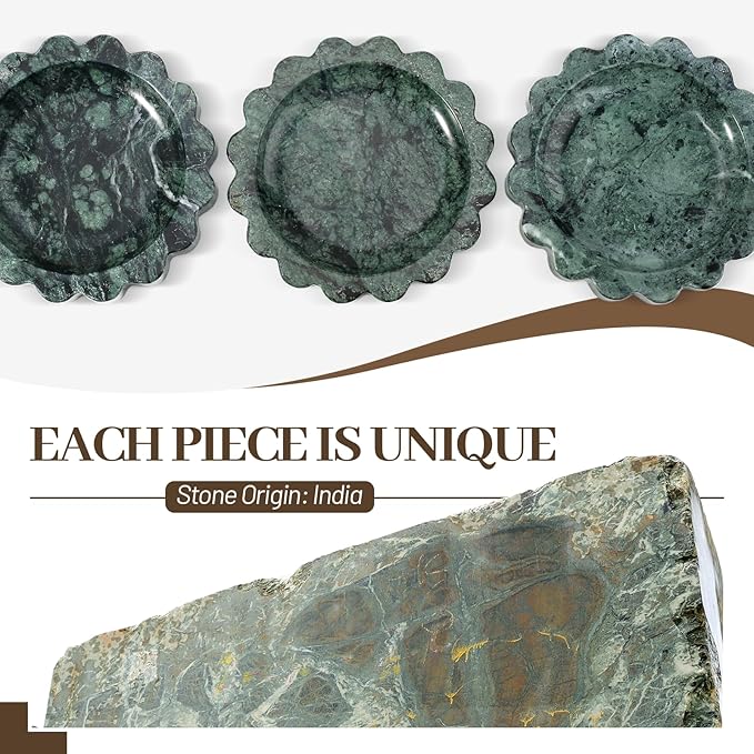 Koville 5.51" Scalloped Marble Tray, Round Stone Jewelry Trinket Dish for Ring, Natural Small Marble Tray for Bathroom Kitchen Dresser Countertop, Decorative Candle Tray(Green)