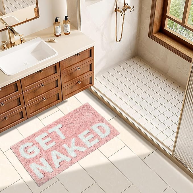 Get Naked Bath Mat, Cute Bedroom Rugs, Funny Pink Living Room Mat for Apartment Decor, Soft & Absorbent Plush Non-Slip Bottom Multi-Purpose Door Mat Home Carpets 31.5" x 20"