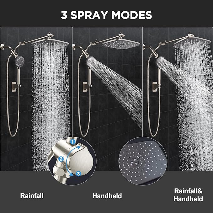 Veken 11.8" Brushed Nickel Rain Shower Head with Handheld, High Pressure Handheld Shower Heads with Multi Spray Modes,Rainfall Combo with 15" Metal Extension Arm,Detachable Dual Shower,Regaderas Para
