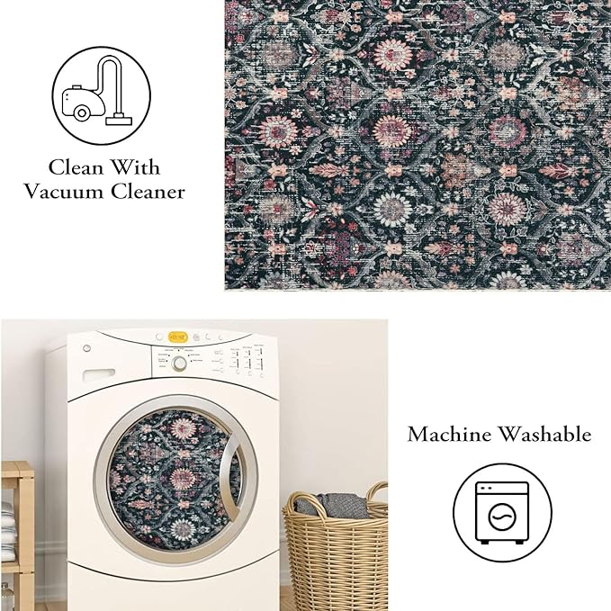 Lahome Moroccan Machine Washable Rugs for Living Room, 4x6 Rug for Bedroom Non-Slip Vintage Trellis Ultra-Thin Throw Carpet for Dining Room Office Nursery Elise, Black/Multi