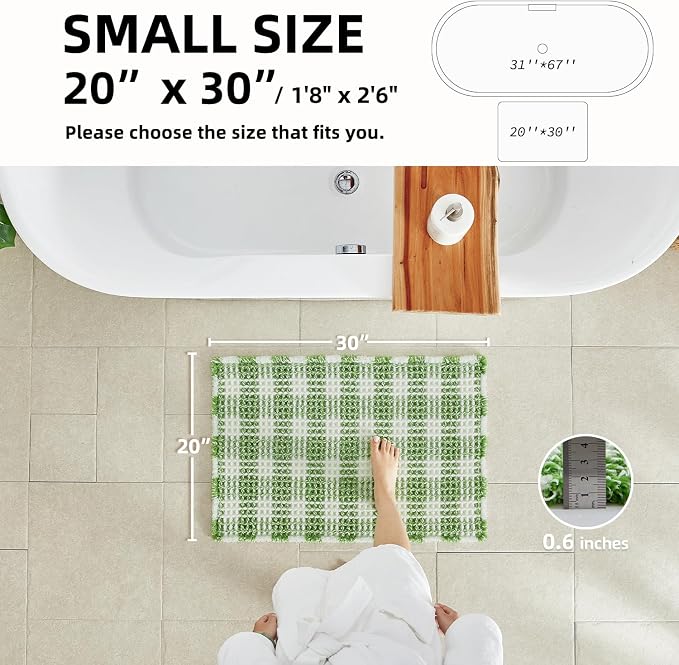 TYUU Waffle Bath Mat, Boho Bathroom Rugs Non Slip Washable Absorbent Checkered Bathroom Mat Quick Dry Cute Christmas Bath Mat, 30"x20" Green and White
