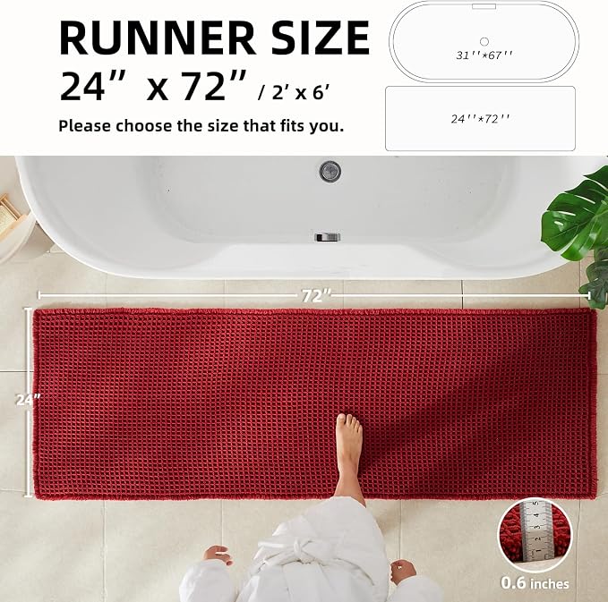 TYUU Waffle Runner Rug Bathroom, Long Boho Bathroom Rugs Non Slip Washable Super Absorbent Quick Dry Farmhouse Bath Decor, 72"x24" Burgundy