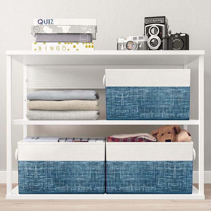 Fab totes Storage Bins 2-Pack, Foldable Storage Baskets for Organizing Toys, Books, Shelves, Closet, Large Storage Box with Rope Handles, Sturdy Organizer Bins, White & Blue