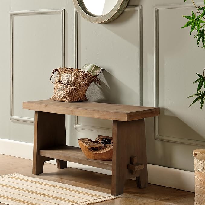 HOKYHOKY Solid Wood Entryway Bench - 31.5" Farmhouse Small Storage Bench, Rustic Narrow Bench Seat for Indoor, Entryway, Dining Room, Living Room and Hallway, Brown