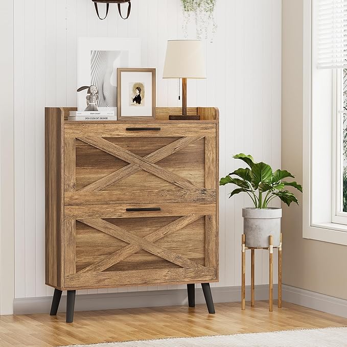 Homleke 32" W Farmhouse Shoe Storage Cabinet with 2 Flip Drawers and Barn Door Design, Adjustable Shelves, Hidden Slim Narrow Shoe Rack Cabinet for Entryway, Foyer, Hallway, Living Room, Rustic Walnut