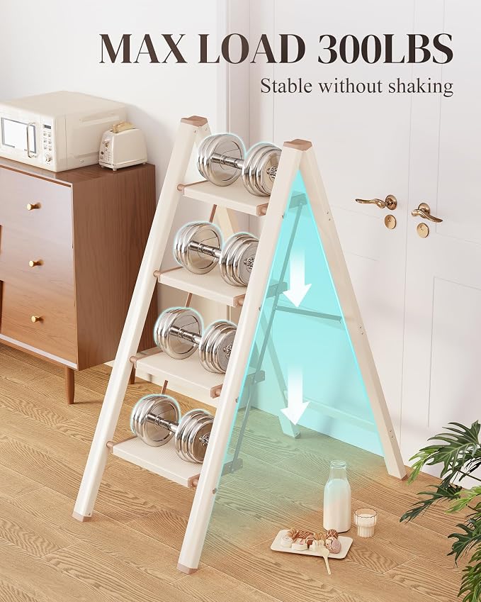 4 Step Ladder, Folding Step Stool with Wider Pedal, Anti-Slip Feet & Non Slip Stripes, Aluminum Sturdy Material, 300Lbs Capacity, Elegant Look of Cream Chocolate Better Matches Your Home