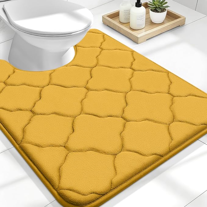 OLANLY Memory Foam Toilet Rugs U-Shaped 24x20, Ultra Soft and Absorbent Bathroom Rugs, Non-Slip, Comfortable, Machine Washable Contour Bath Mat for Toilet Base, Home Decor Accessories, Yellow