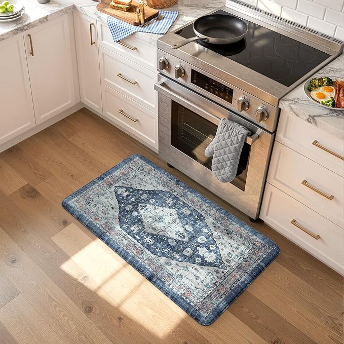 Collive Cushioned Anti-Fatigue Mats, Boho Non-Slip Waterproof Kitchen Floor Mat, Comfortable Standing Carpet for Sink, Laundry, Office, Work, 17.3''x30'' Dark Blue