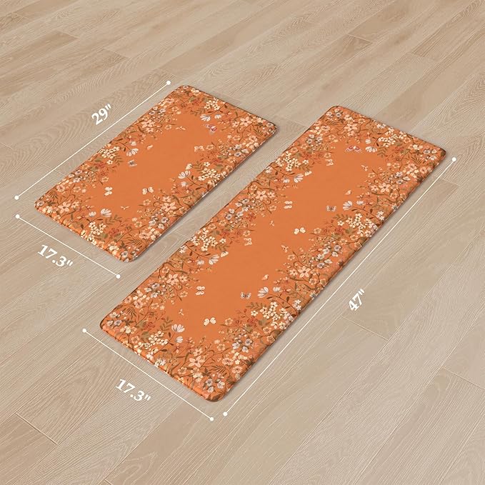 KIMODE Anti Fatigue Kitchen Mats Cushioned, Boho Floral Kitchen Rugs Sets of 2, Fall Kitchen Mat for Floor, Memory Foam Standing Desk Mat for Laundry Office Sink Desk Orange Halloween 17"x47"+17"x29"