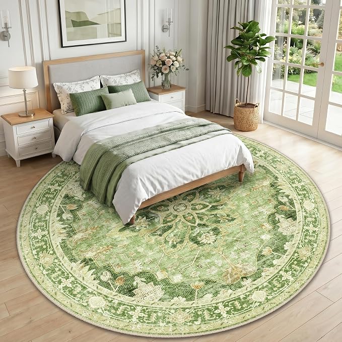RELEANY Area Rugs Round 10ft Washable Non-Slip, Floral Vintage Distress Medallion Carpet for Living Room Bedroom Dining Room, Sage Green Yellow