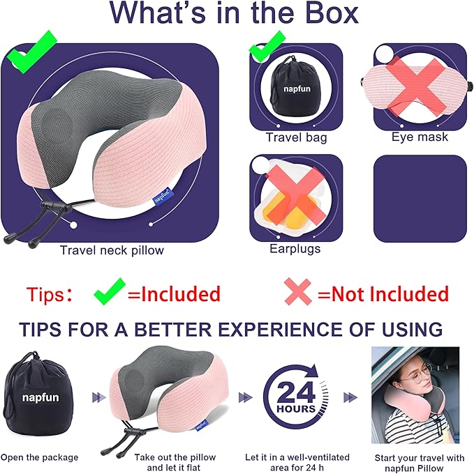 napfun Neck Pillow for Traveling, Upgraded Travel Neck Pillow for Airplane 100% Pure Memory Foam Travel Pillow for Flight Headrest Sleep, Portable Plane Accessories, Pink
