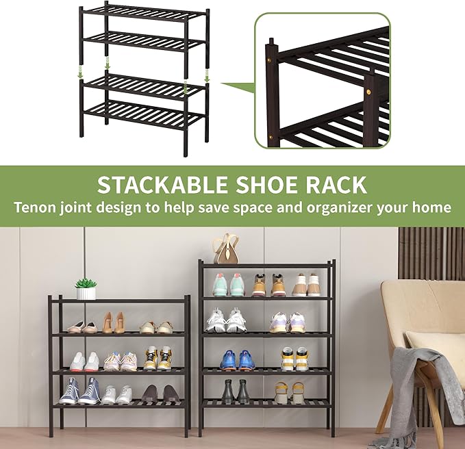 ROMGUAR CRAFT 4 Tier Bamboo Shoe Rack for Closet Free Standing Wood Shoe Shelf for Entryway Small Space Stackable 27"x11"x26" (Brown)