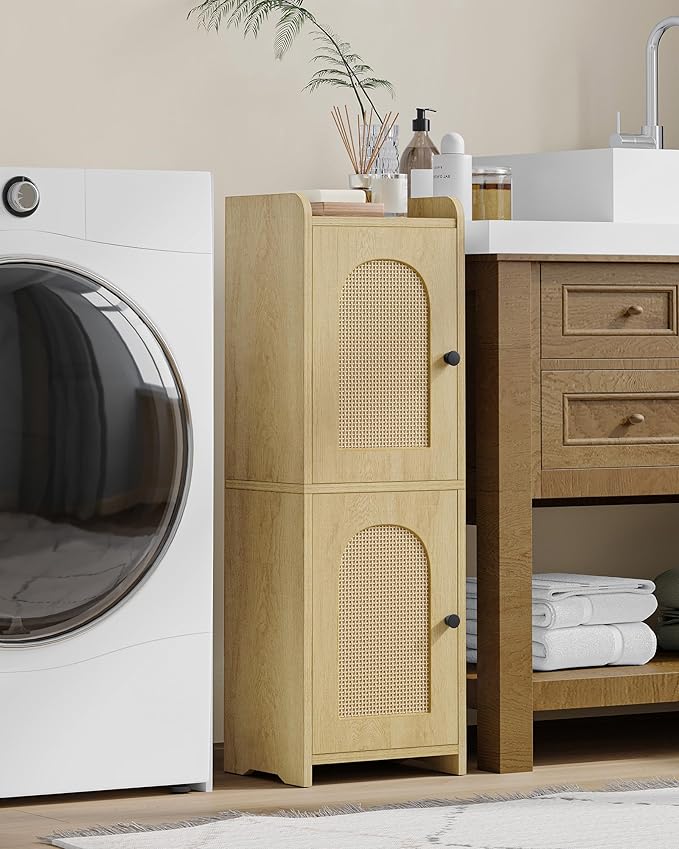 Hzuaneri Bathroom Storage Cabinet, Small Corner Floor Cabinet with 2 Doors and Adjustable Shelf, Narrow Toilet Paper Cabinets, Bathroom Organizer for Small Spaces, 7.9" D x 9.8" W x 29.5"Rattan Yellow