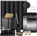 XLHOMO 24PCS Bathroom Sets with Shower Curtain and Rugs,Black Bathroom Accessories Set Waterproof Black and White Shower Curtain Set, Toilet Brush, Trash Can & Bathroom Rug