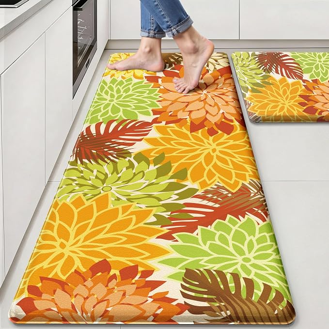 Arenarug Kitchen Mats for Floor 2PCS Cushioned Anti Fatigue Kitchen Mats Waterproof Non Slip Kitchen Rug Set Foam Standing Mat for Sink, Laundry, Office, 24"x39"+24"x59", Maple Orange
