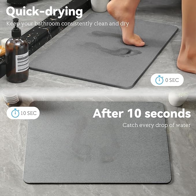 Stone Bath Mat, Dries Quickly, Non-Slip Diatomaceous Earth Bath Mats for Bathroom, Super Absorbent Stone Shower Mat, Easy to Clean, 23.5" x 15.5" Dark Gray