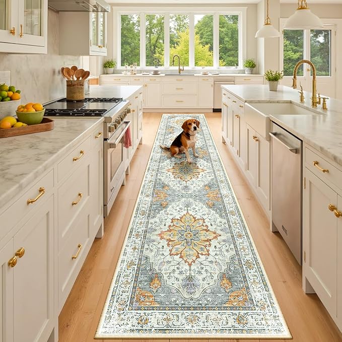 RELEANY Area Rugs Runner 2'x10' Washable Non-Slip, Floral Vintage Distress Medallion Carpet for Kitchen Hallway Bedroom Beside Laundry Room Bathroom, Beige Carbon Grey Orange