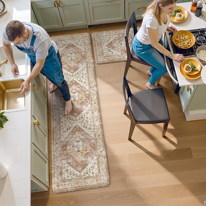 KIMODE Anti Fatigue Kitchen Mats for Floor, Farmhouse Kitchen Rugs Sets of 2, Cushioned Kitchen Floor Mats, Comfort Standing Mats for Sink Laundry Office Desk Khaki 20"x71"+20"x32"