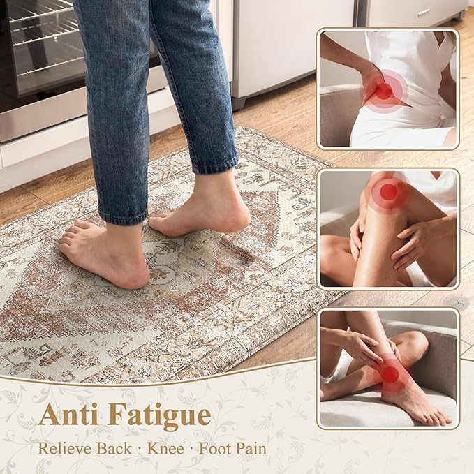 KIMODE Farmhouse Kitchen Mats Cushioned Anti Fatigue Khaki Kitchen Rugs Sets of 2, Non Slip Waterproof Kitchen Floor Mats, Ergonomic MemoryFoam Standing Mat for Laundry Room Decor, Office, Sink, Desk