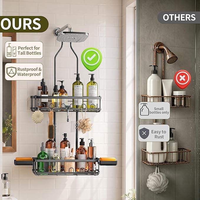 Skyapex Shower Caddy Hanging Over Shower Head, Adjustable Black Bathroom Organizer for Inside Shower, Rust-Resistant Stainless Steel Caddy with 2 Baskets, Hooks & Soap Dish for Tall Bottles