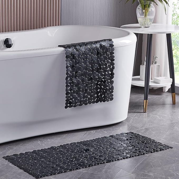 Webos Bath Shower Mat Non Slip: Extra Large Pebble Bathtub mat for Families, Anti Slip Shower Matt with Drain Holes Suction Cups Tub Mat - 16 X 40 Inch Black