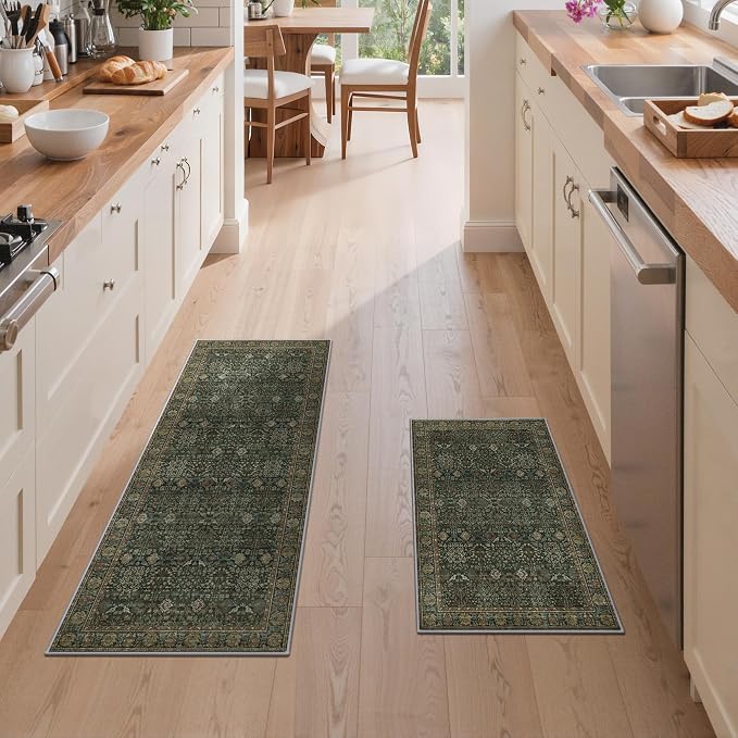 GENIMO Kitchen Rugs Non Slip Washable, 2PCS Kitchen Mats for Floor, Cushioned Standing Mat, Kitchen Runner Rug Floor Mat for Kitchen Decor, Laundry, Sink, Home, 20"x32"+20"x48", Dark Green/Multi