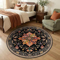 RELEANY Area Rugs Round 4ft Washable Non-Slip, Floral Vintage Distress Medallion Carpet for Living Room Bedroom Dining Room, Black Colorful Floral Dark Tan