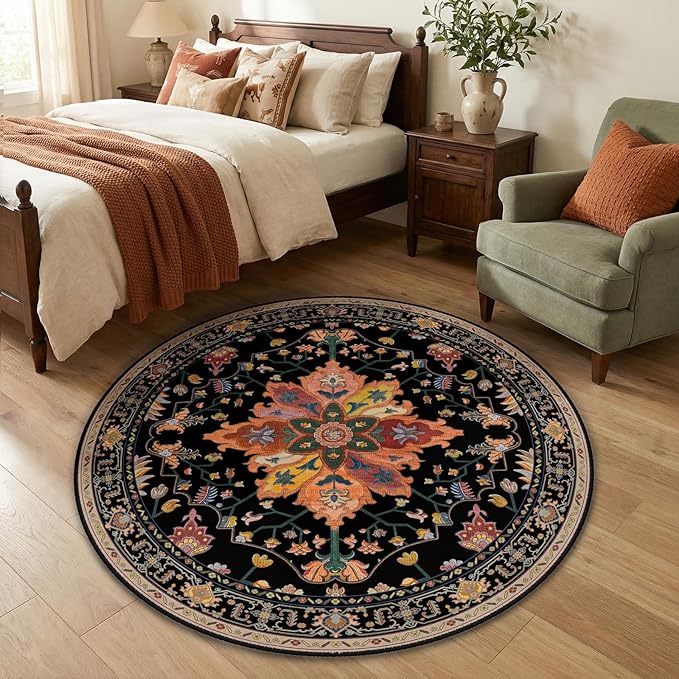 RELEANY Area Rugs Round 4ft Washable Non-Slip, Floral Vintage Distress Medallion Carpet for Living Room Bedroom Dining Room, Black Colorful Floral Dark Tan