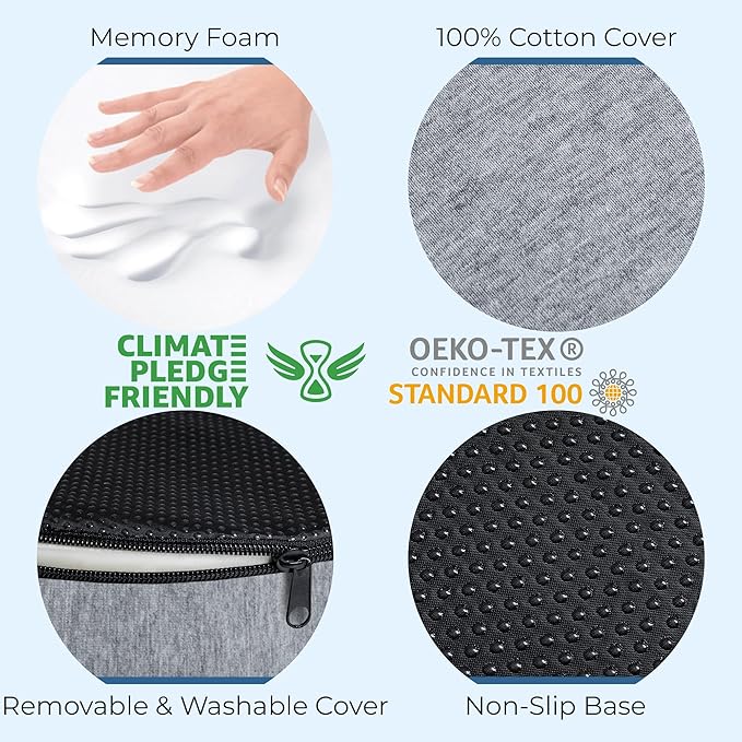5 STARS UNITED Donut Pillow for Tailbone Pain & Hemorrhoids – Large Memory Foam Seat Cushion for Bed Sore-Prone Areas & Pressure Relief – Prostate, Postpartum & Pregnancy Support, Gray Cotton Cover
