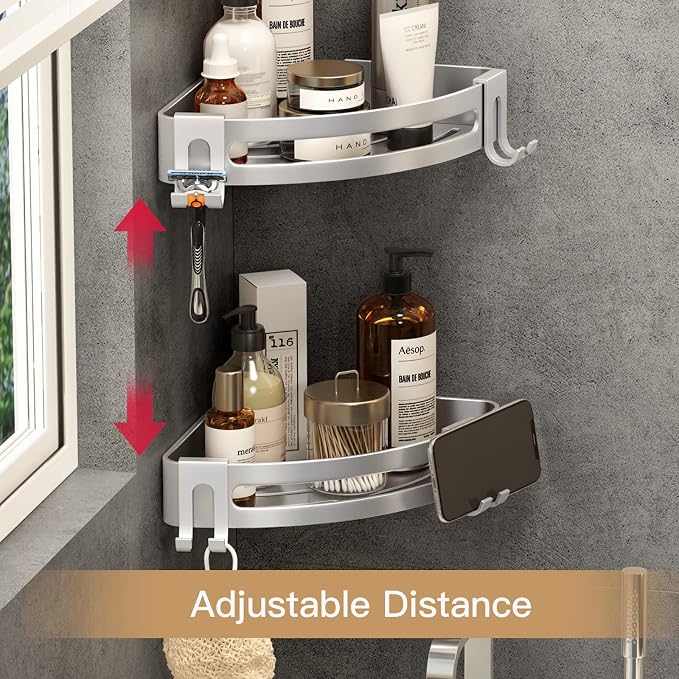 VOLPONE Corner Shower Caddy with Razor Holder Adhesive Shower Shelf Corner No Drilling Bathroom Corner Shower Organizer Storage Rack Shampoo Holder Wall Mount (2-Pack, Silver)