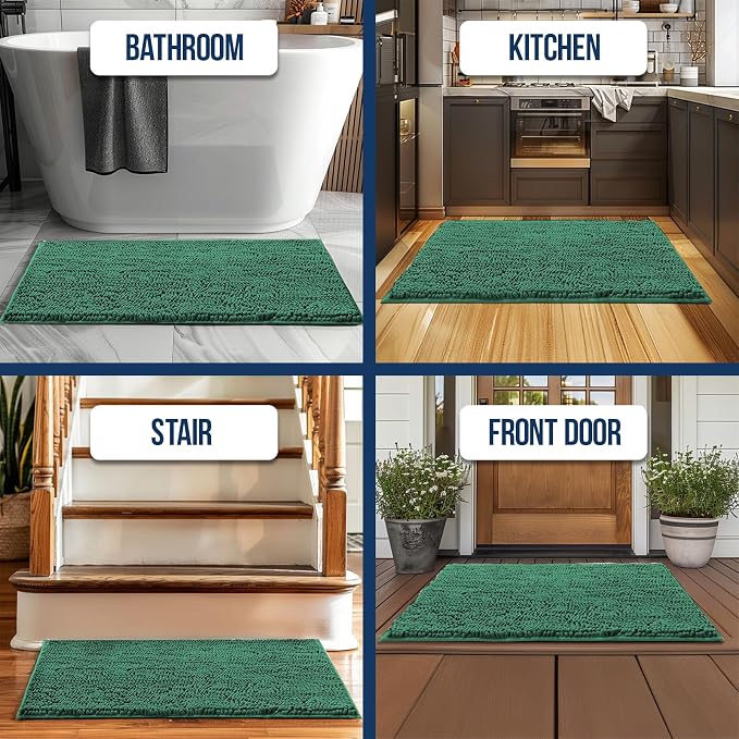 Muddy Mat® | Chenille Bathroom Rugs Quick Dry Microfiber Mats Non Slip Washable, Extra Thick, Soft and Highly Absorbent Bath Mats for Bathroom, Kitchen, and Shower Floor - Dark Green 35"x59"