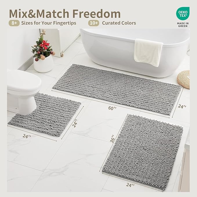 Toilet Rugs U-Shaped Mat 24x24, Contour Bathroom Mat - Ultra Soft & Absorbent Chenille, Quick-Dry, Machine Washable with Non Slip Barrier Backing, Grey
