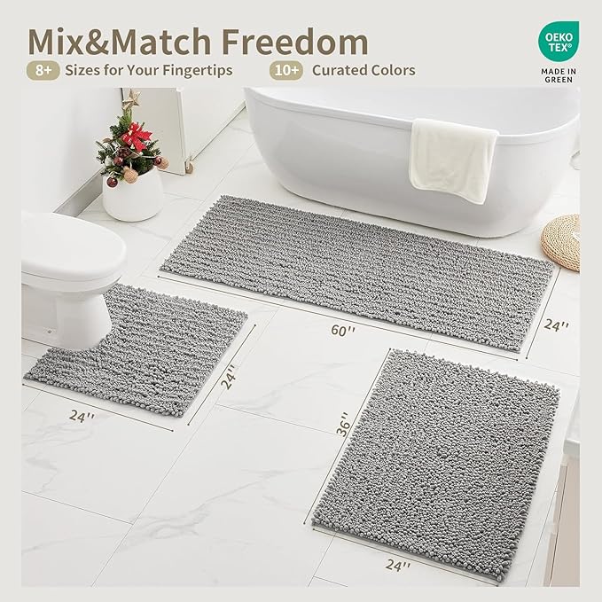 Bathroom Rugs Non Slip Washable 70x24, Extra Thick Soft Chenille Absorbent Bath Mat, High Density Barrier Non Slip Backing, Quick Dry Plush Shaggy Floor Carpet for Tub&Shower, Grey