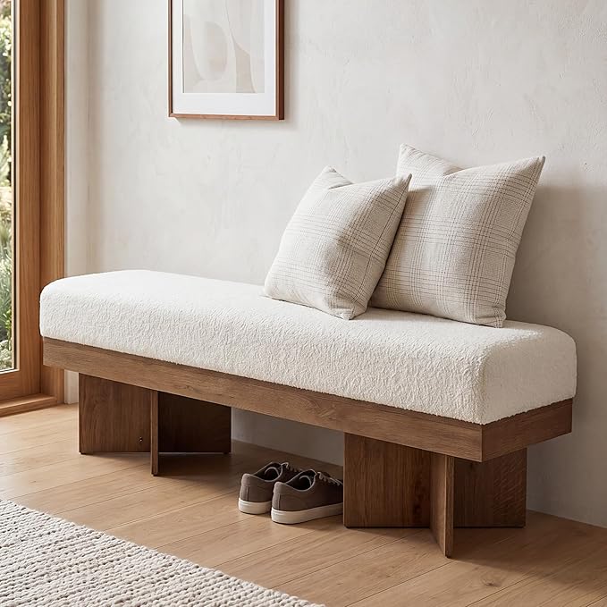 LITTLE TREE 55" Entryway Bench with Faux Lamb Wool, Upholstered Bench with X-Legs, for Living Room, Bedroom, or Foyer (White & Light Walnut)