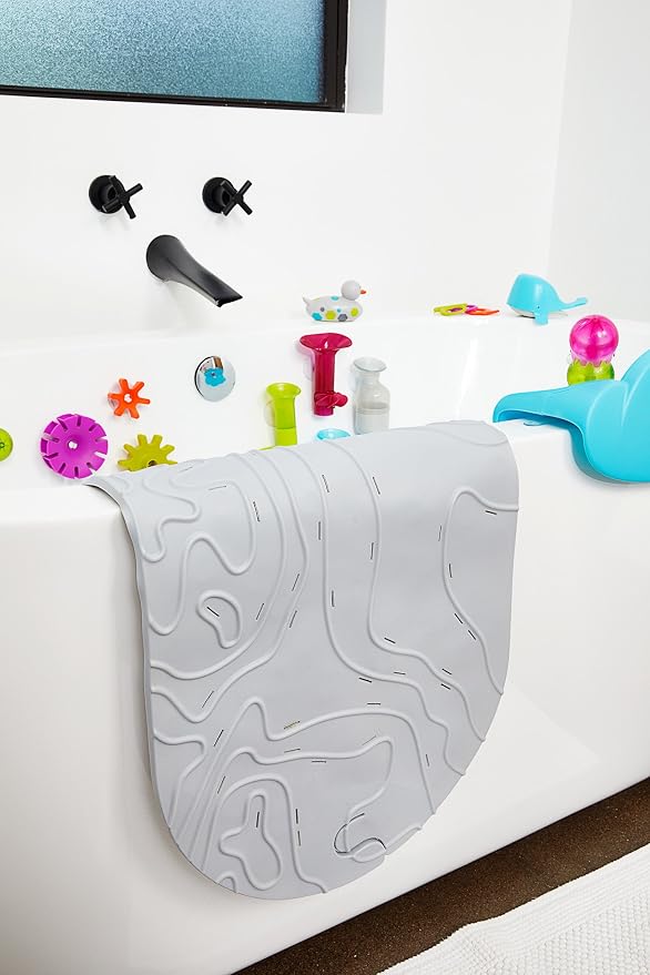 Boon GRIFFLE Textured Non Slip Baby Bath Tub Mat with Hanging Hook and Drain Holes, Gray