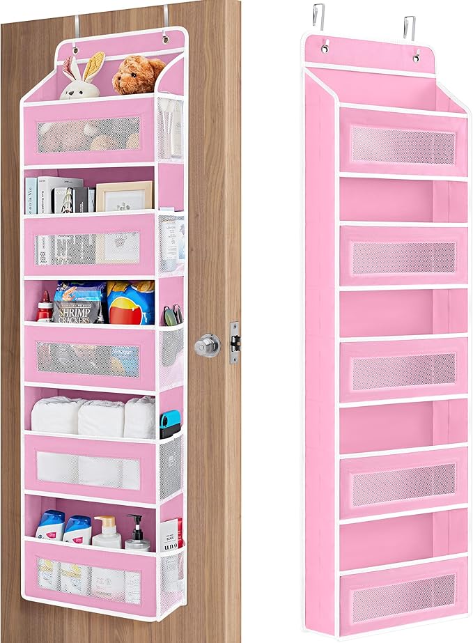 JARLINK Over The Door Organizer Storage, 5 Shelf Hanging Door Organizer with 5 Large Capacity Pockets, Anti Tilt 44 lb Load Behind Door Storage for Bedroom, Bathroom, Pantry, Nursery, (Pink)