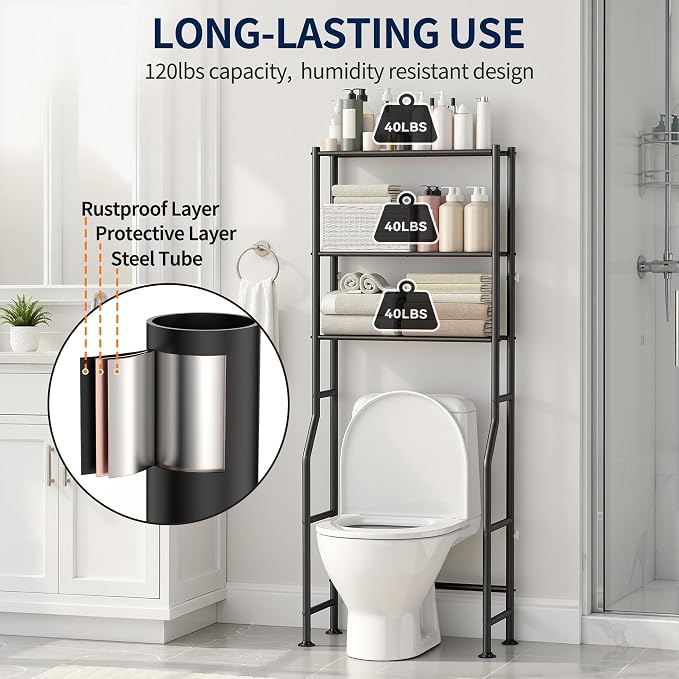 GloTika 3-Tier Over Toilet Storage Rack, Metal Over Toilet Bathroom Organizer Shelf, Freestanding Space Saver Storage Shelves for Bathroom/Laundry/Living Room (Black)