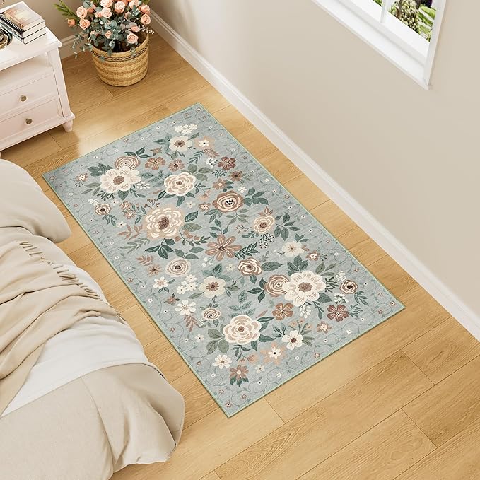 DUKINO 2x4 Rug for Entryway, Washable Kitchen Floral Runner Rug with Non Slip Backing, Low Pile Soft Boho Carpet for Kitchen, Hallway, Entryway, Laundry, Bedroom, Sage Green