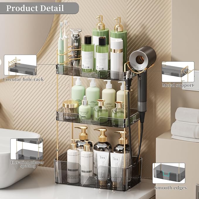 Akinbas 3 Tier Bathroom Organizer Countertop Makeup Perfume Tray Skincare Organizer Comes with Hair Dryer Rack and Toothbrush Holder for Bathroom Dresser Vanity (Grey)